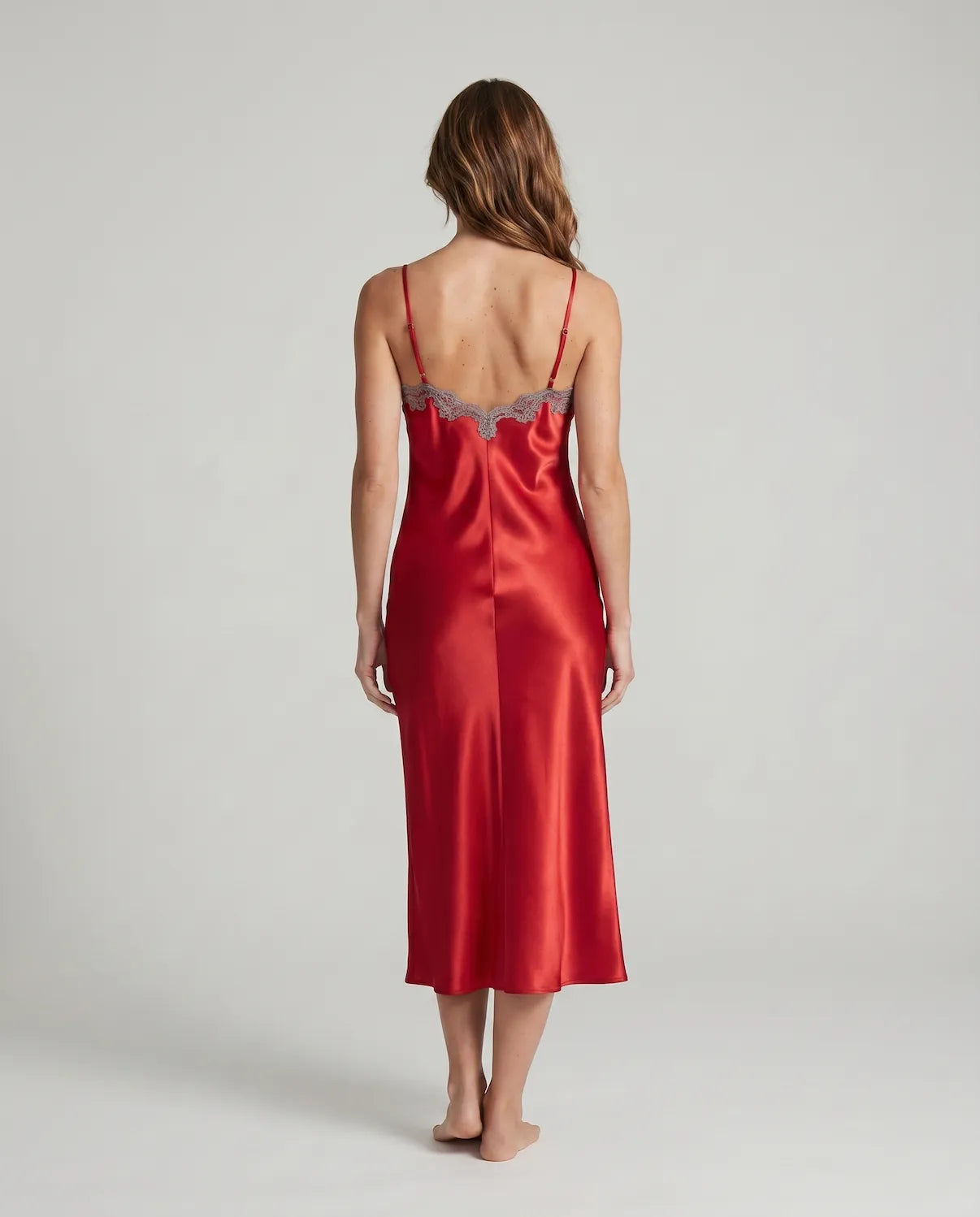 Arabella Faux Silk Maxi Nightgown – Elegant Lace Trim Sleepwear for Women
