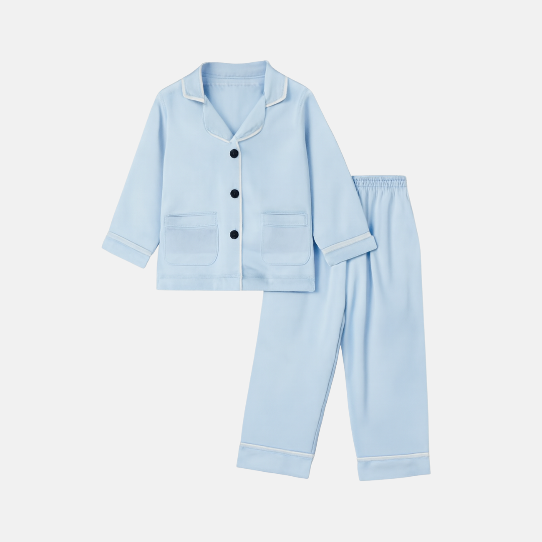 Kids’ Light Blue Satin Pajama Set – Comfortable Long Sleeve Sleepwear