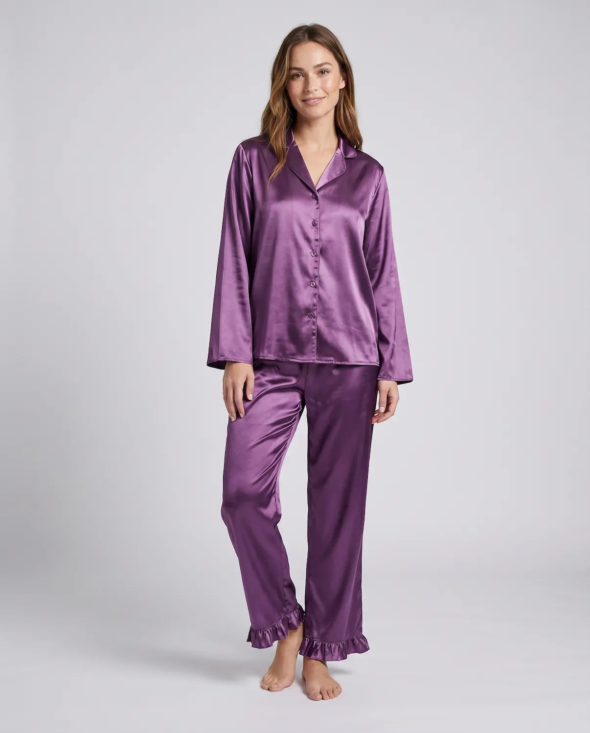Soft Satin Pajamas Set for Women – 2-Piece Long Sleeve Sleepwear &amp; Elegant Button Loungewear