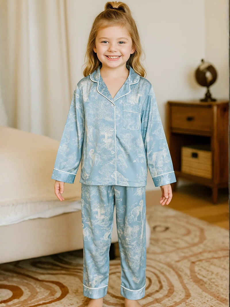 Girls’ Ice Silk Pajama Set – Long Sleeve Thin Homewear