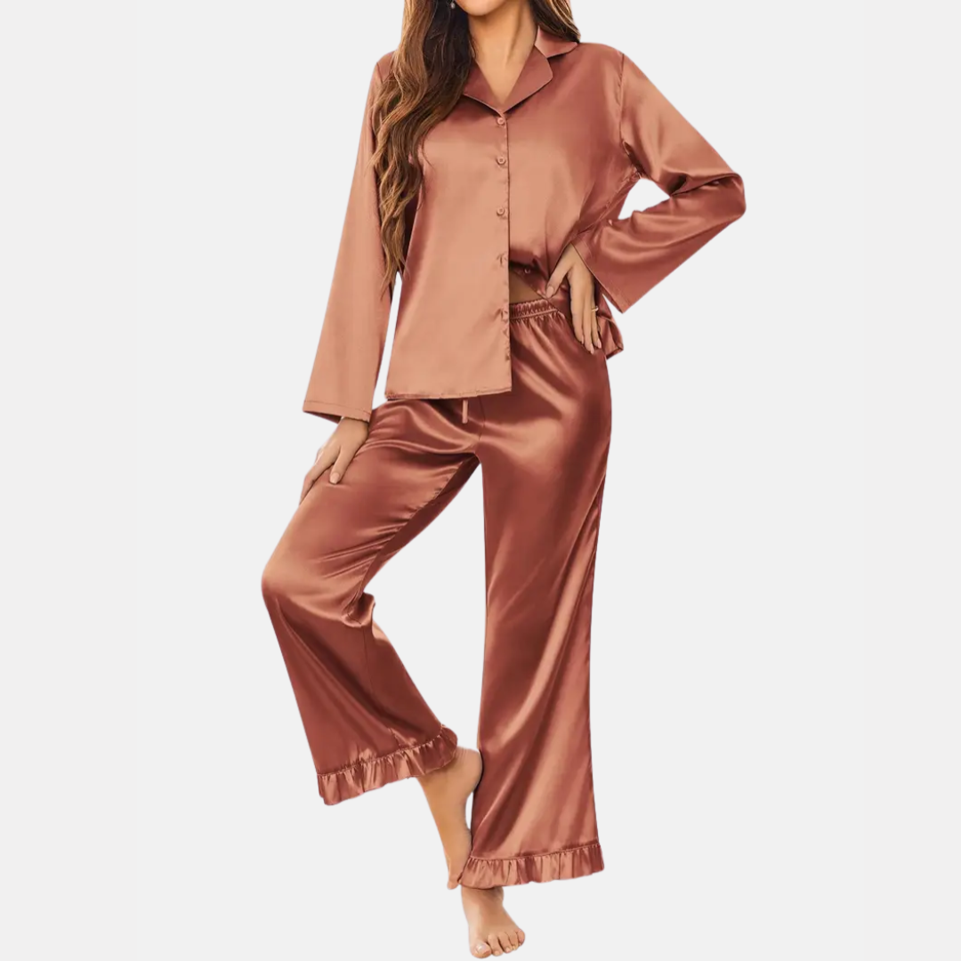 Soft Satin Pajamas Set for Women – 2-Piece Long Sleeve Sleepwear & Elegant Button Loungewear