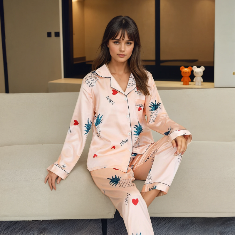 Women's Ice Silk Pajama Set – Summer Long Sleeve & Pants Loungewear in Imitation Silk