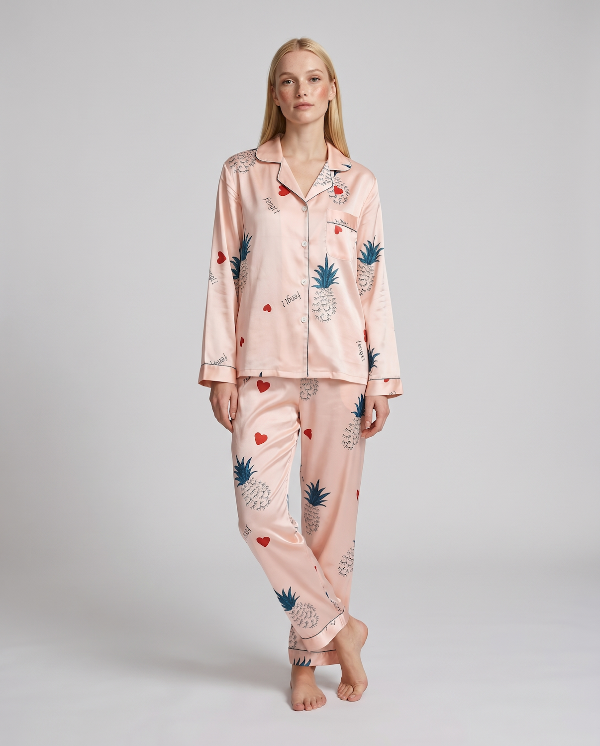 Women's Ice Silk Pajama Set – Summer Long Sleeve &amp; Pants Loungewear in Imitation Silk