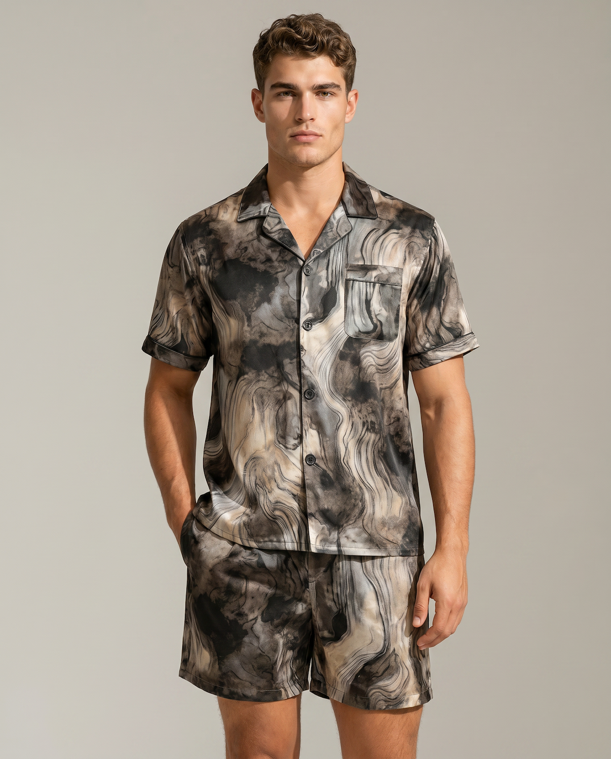 Men’s Ice Silk Pajama Set – Short Sleeve Loose Fit Sleepwear &amp; Homewear Suit