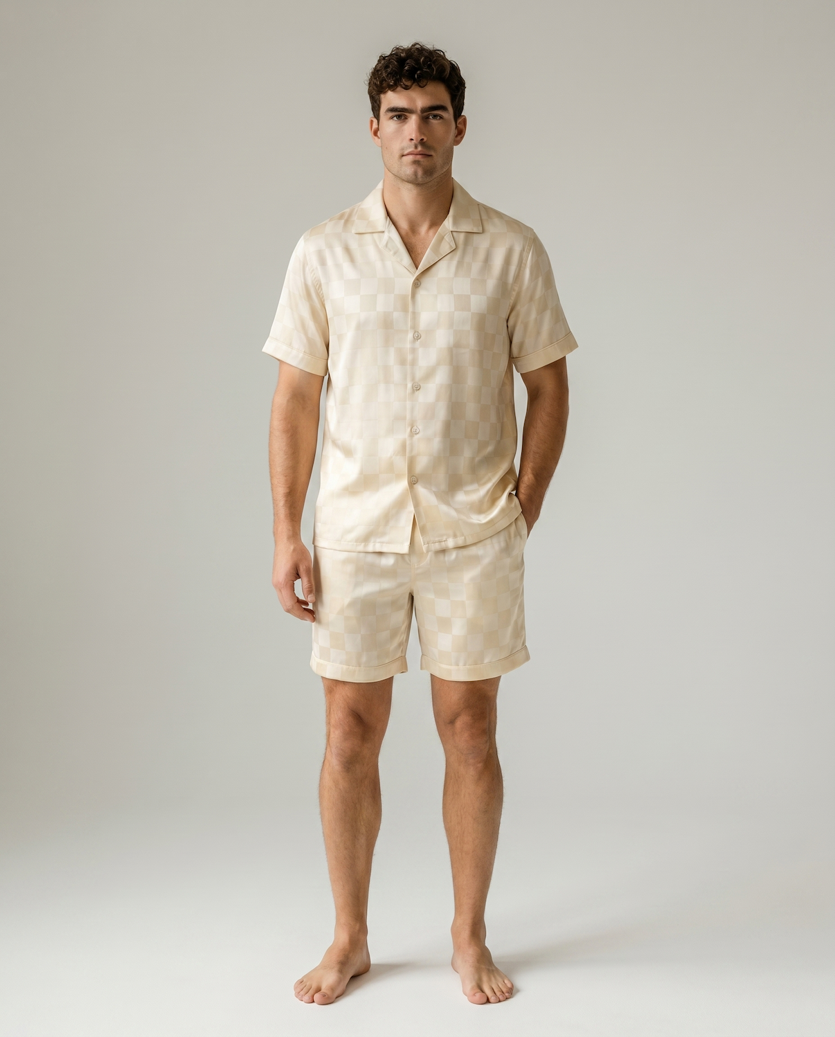 Men’s Ice Silk Long-Sleeve Pajama Set – Two-Piece Plaid Loungewear