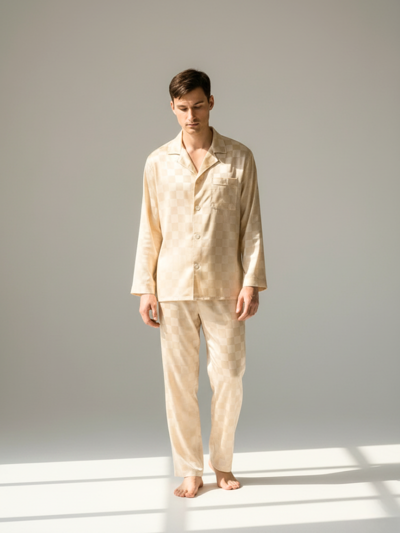 Men’s Ice Silk Long-Sleeve Pajama Set – Two-Piece Plaid Loungewear