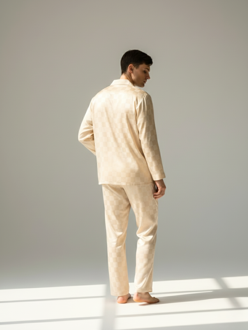 Men’s Ice Silk Long-Sleeve Pajama Set – Two-Piece Plaid Loungewear