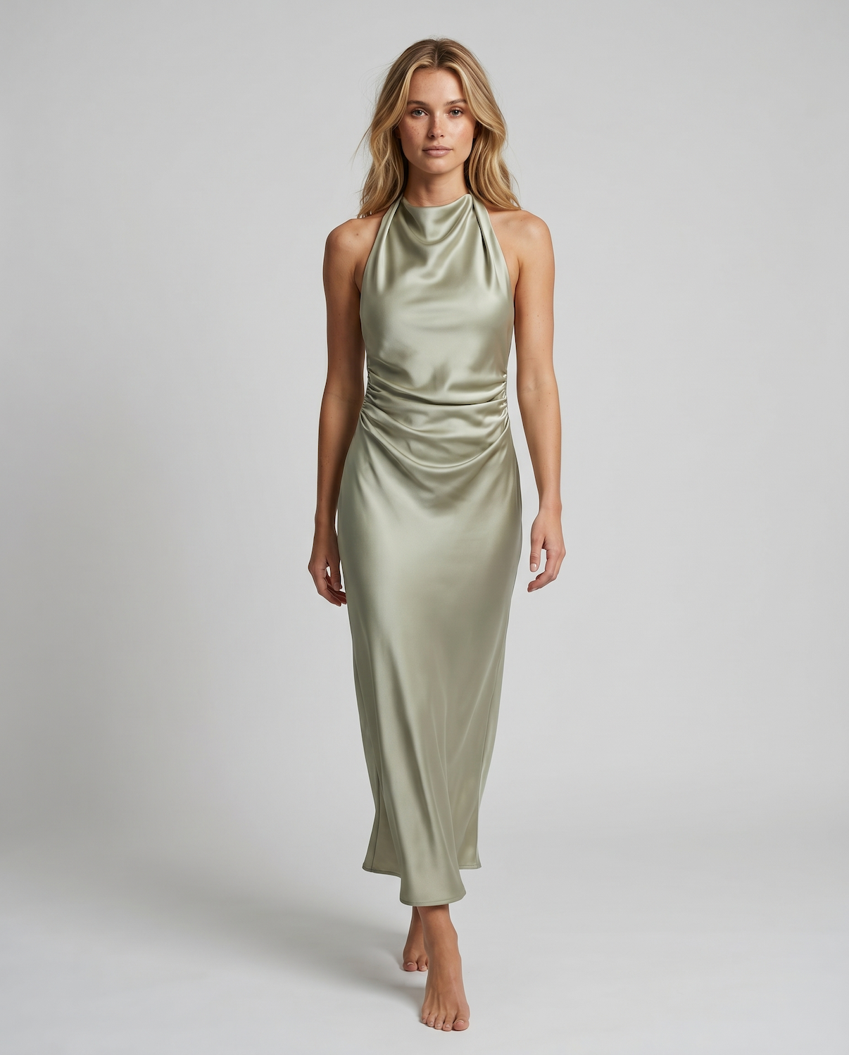 Elegant Sleeveless Silk Satin Midi Dress for Women – Chic Summer Fashion in Solid Color