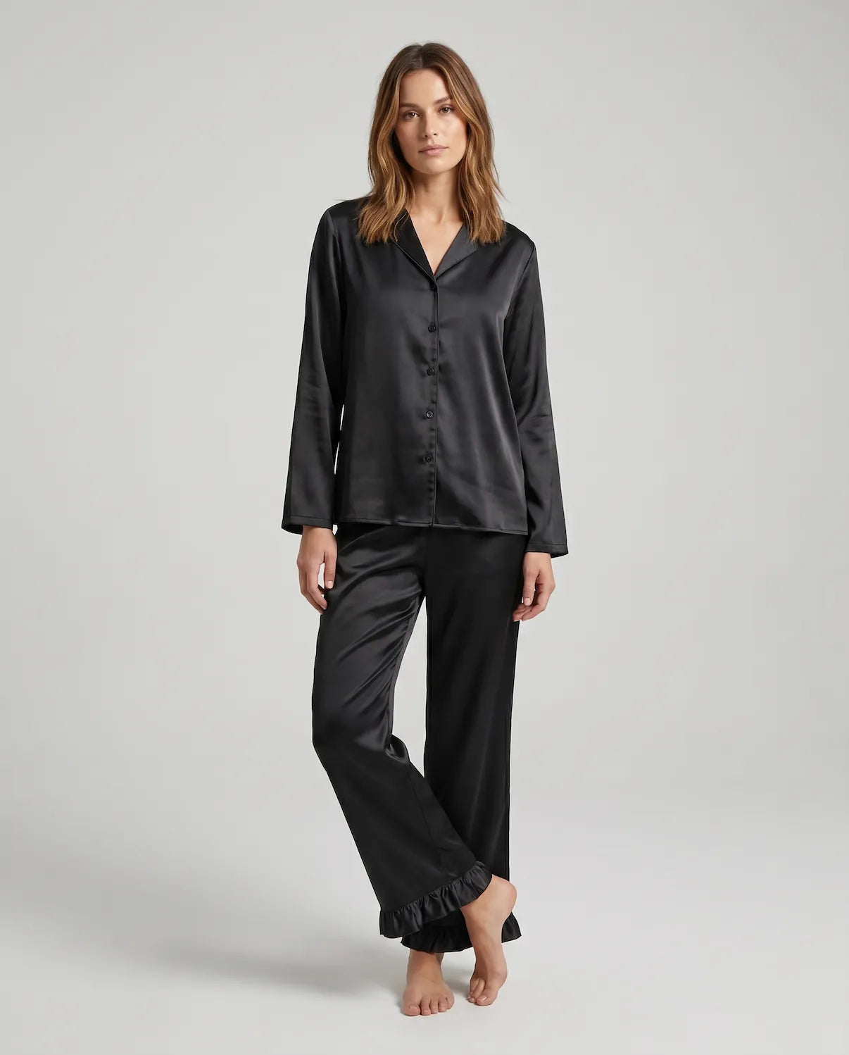Soft Satin Pajamas Set for Women – 2-Piece Long Sleeve Sleepwear & Elegant Button Loungewear