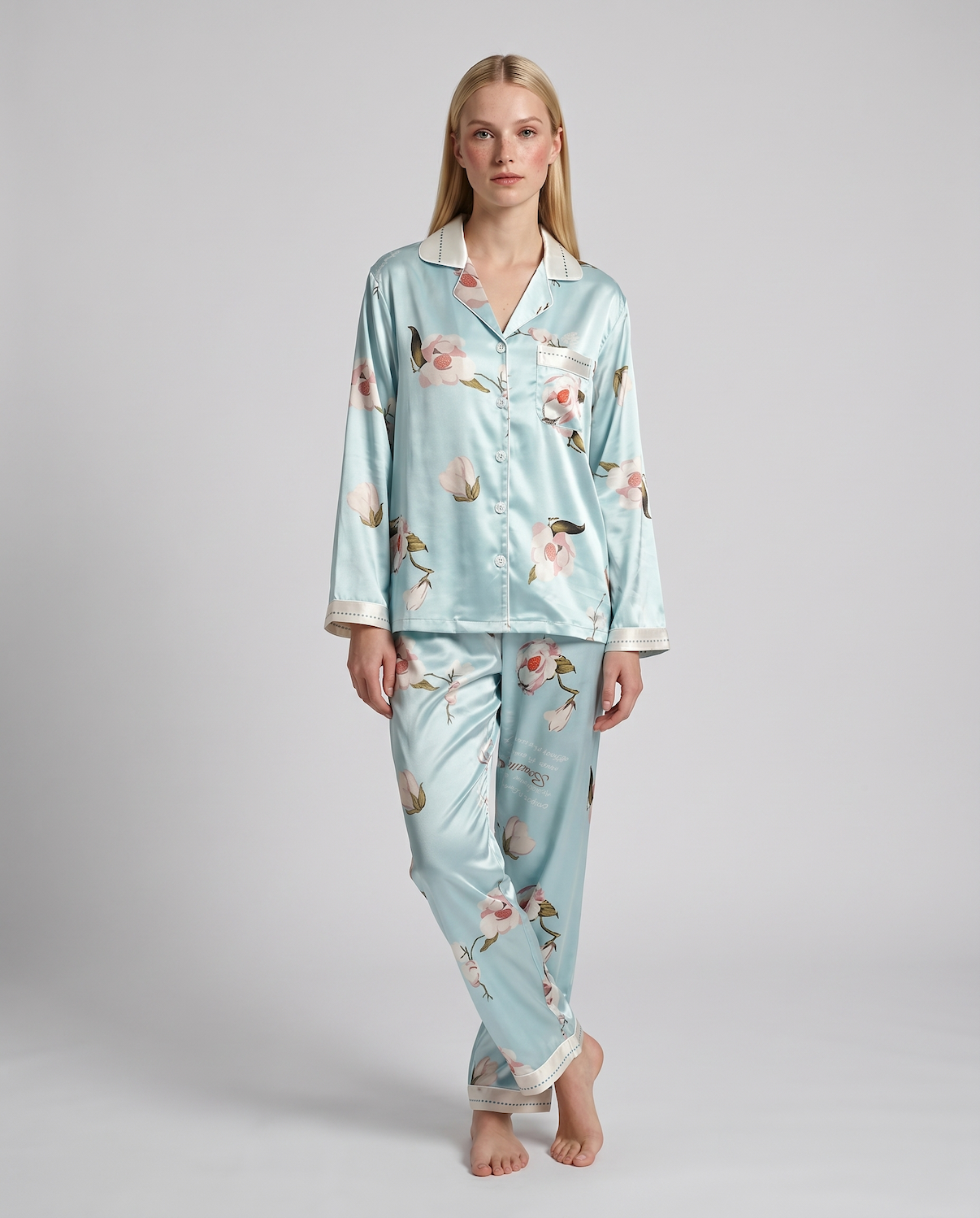 Women's Ice Silk Pajama Set – Summer Long Sleeve &amp; Pants Loungewear in Imitation Silk