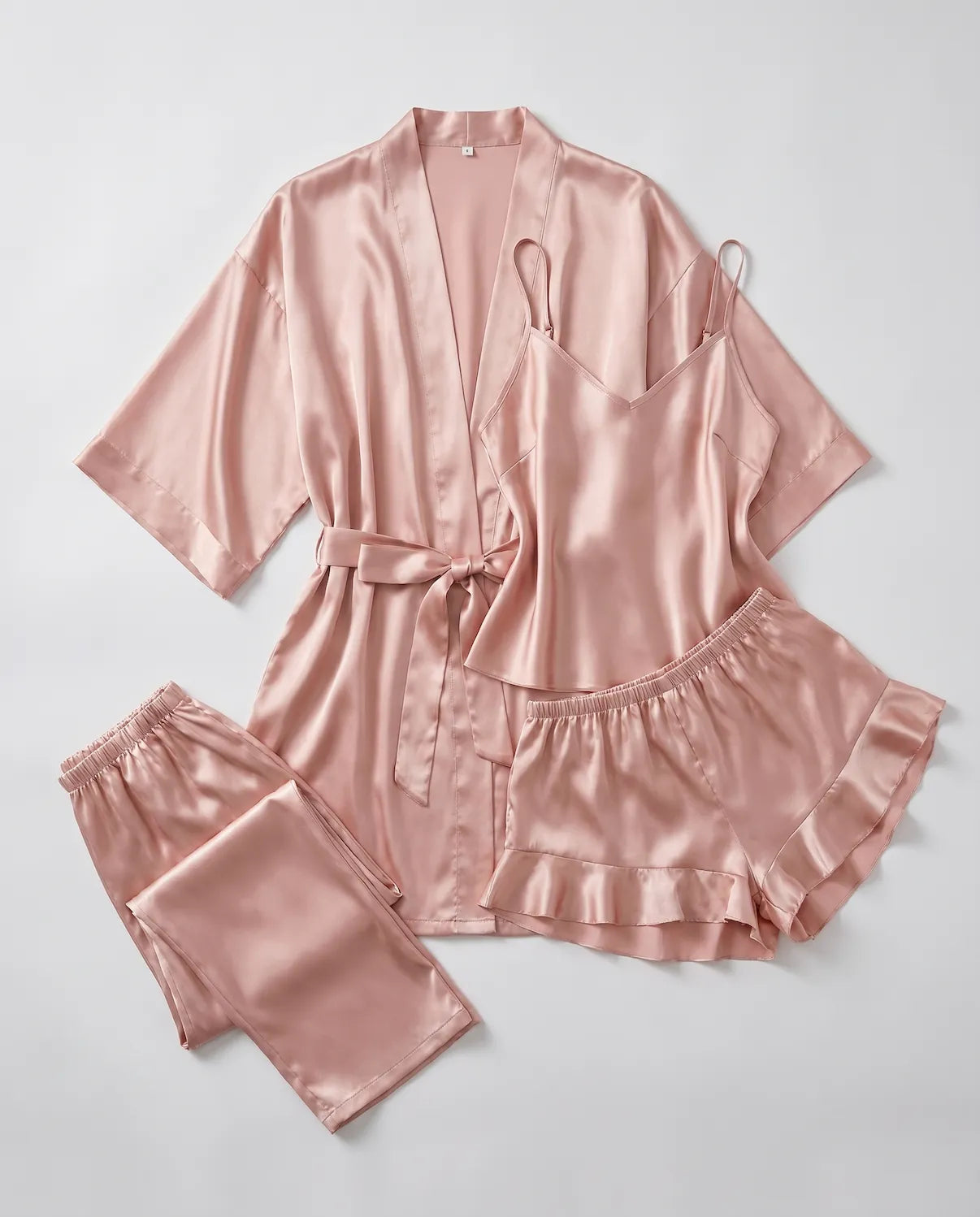 4pcs Elegant Silk Pajama Set for Women - Robe, Bralette, Shorts & Pants