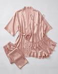 4pcs Elegant Silk Pajama Set for Women - Robe, Bralette, Shorts & Pants