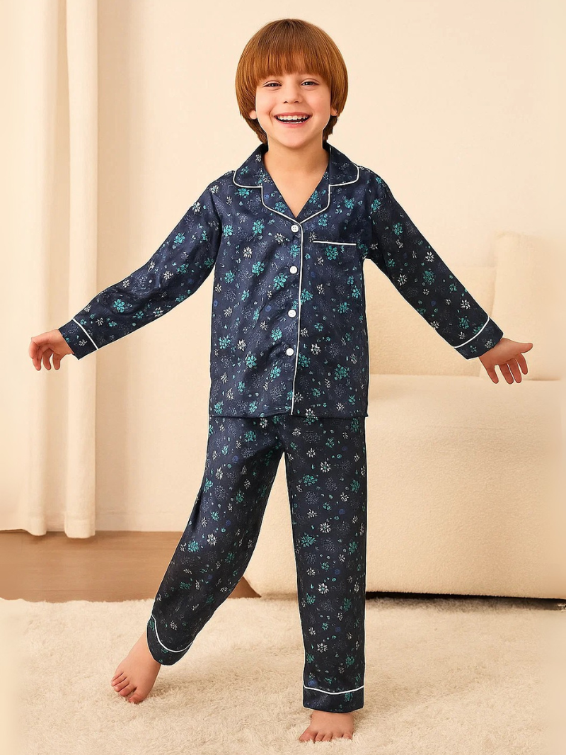 Boys and Girls Silk Pajama Set – Solid & Striped Long-Sleeve Homewear