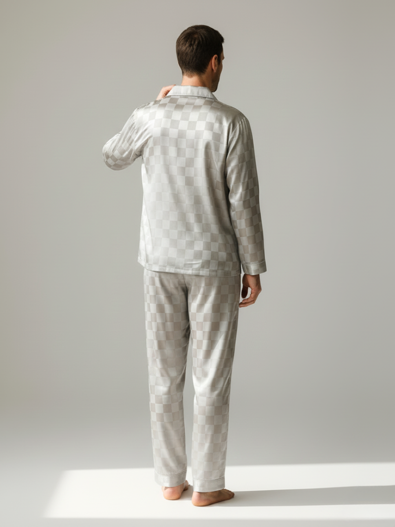 Men’s Ice Silk Long-Sleeve Pajama Set – Two-Piece Plaid Loungewear