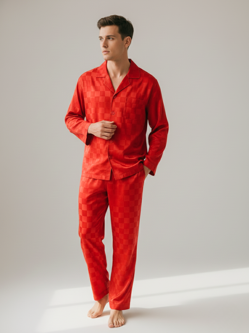 Men’s Ice Silk Long-Sleeve Pajama Set – Two-Piece Plaid Loungewear