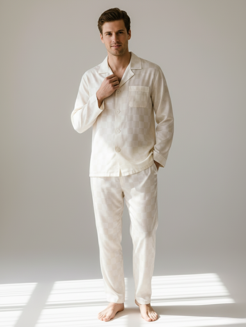 Men’s Ice Silk Long-Sleeve Pajama Set – Two-Piece Plaid Loungewear