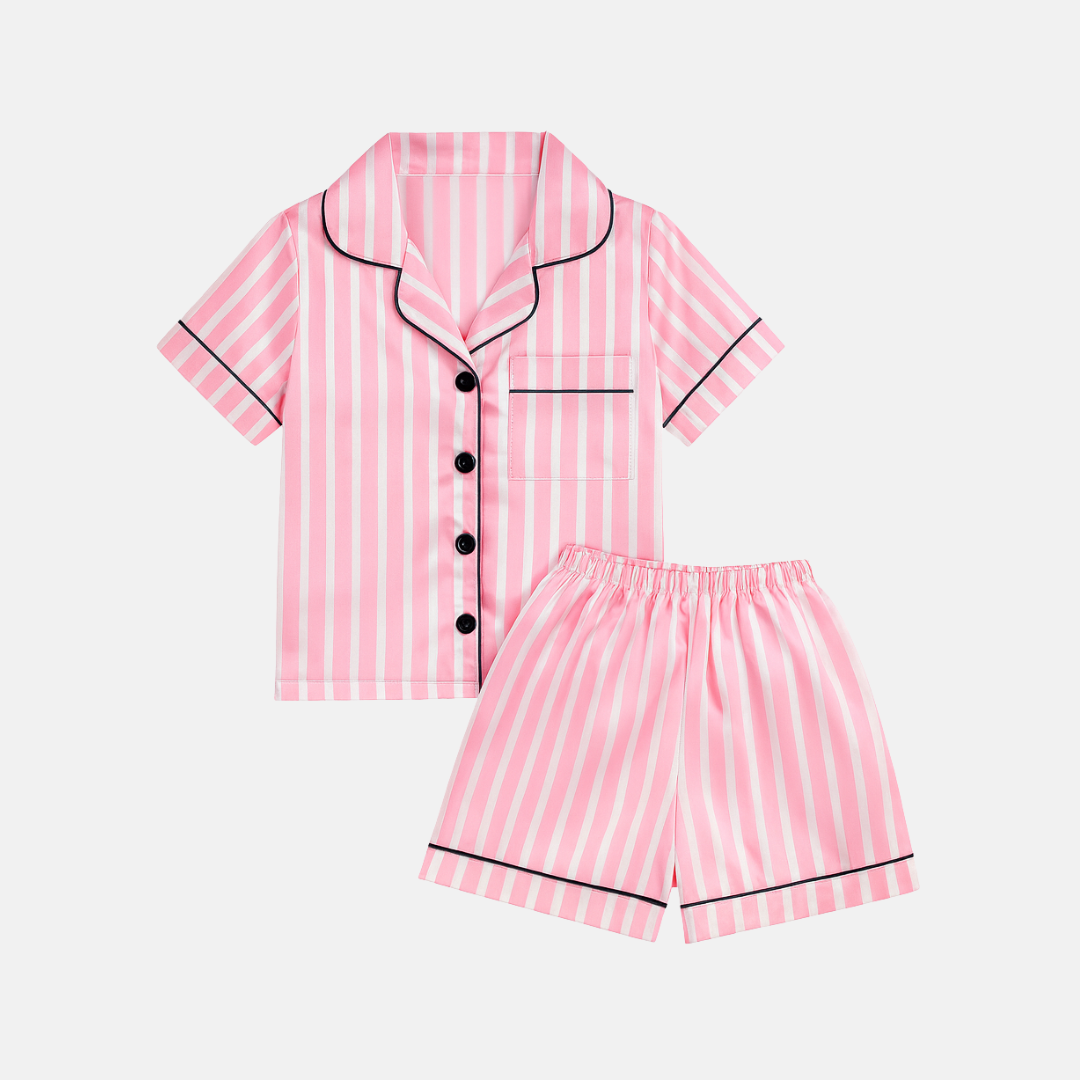 Kids’ Pink Striped Satin Pajama Set – Short Sleeve Summer Sleepwear