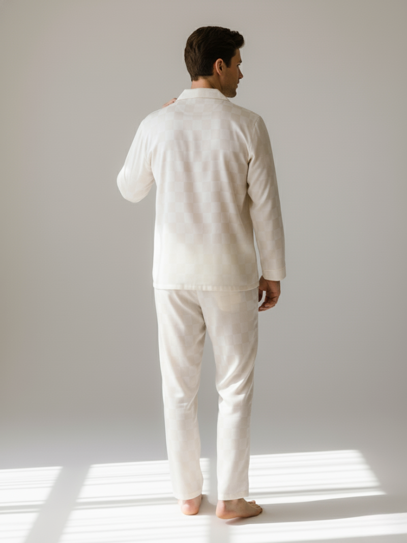 Men’s Ice Silk Long-Sleeve Pajama Set – Two-Piece Plaid Loungewear