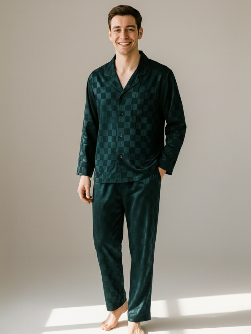 Men’s Ice Silk Long-Sleeve Pajama Set – Two-Piece Plaid Loungewear