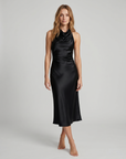 Elegant Sleeveless Silk Satin Midi Dress for Women – Chic Summer Fashion in Solid Color
