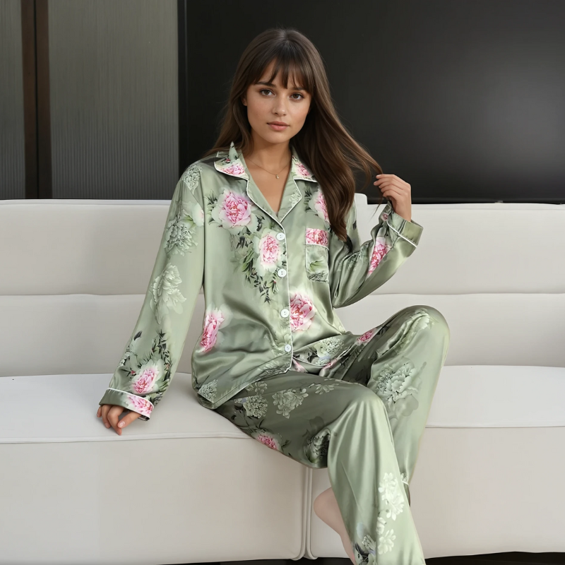 Women's Ice Silk Pajama Set – Summer Long Sleeve & Pants Loungewear in Imitation Silk