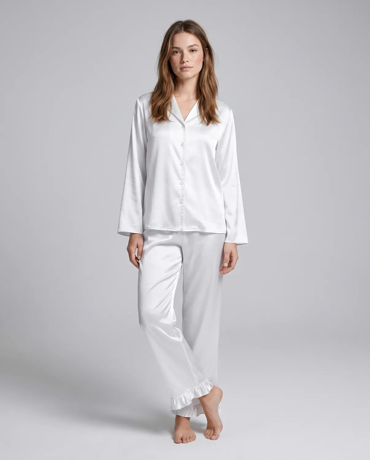 Soft Satin Pajamas Set for Women – 2-Piece Long Sleeve Sleepwear & Elegant Button Loungewear