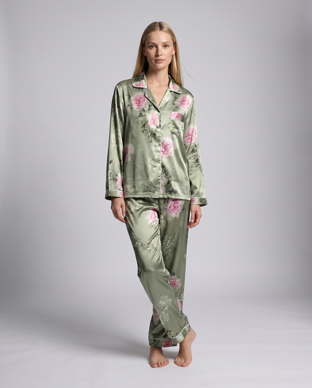 Women's Ice Silk Pajama Set – Summer Long Sleeve &amp; Pants Loungewear in Imitation Silk
