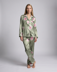Women's Ice Silk Pajama Set – Summer Long Sleeve & Pants Loungewear in Imitation Silk