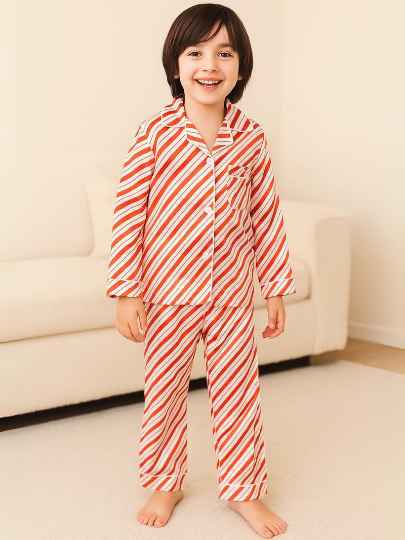 Boys and Girls Silk Pajama Set – Solid & Striped Long-Sleeve Homewear