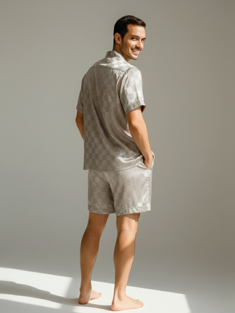 Men’s Ice Silk Long-Sleeve Pajama Set – Two-Piece Plaid Loungewear