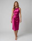 Elegant Sleeveless Silk Satin Midi Dress for Women – Chic Summer Fashion in Solid Color