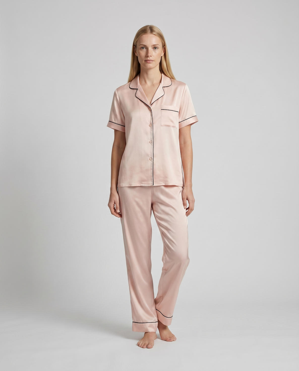100% Mulberry Silk Pajama Set – Short Sleeve Button Top &amp; Long Pants