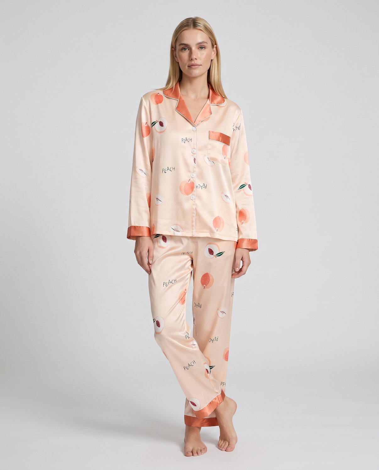 Women's Ice Silk Pajama Set – Summer Long Sleeve &amp; Pants Loungewear in Imitation Silk