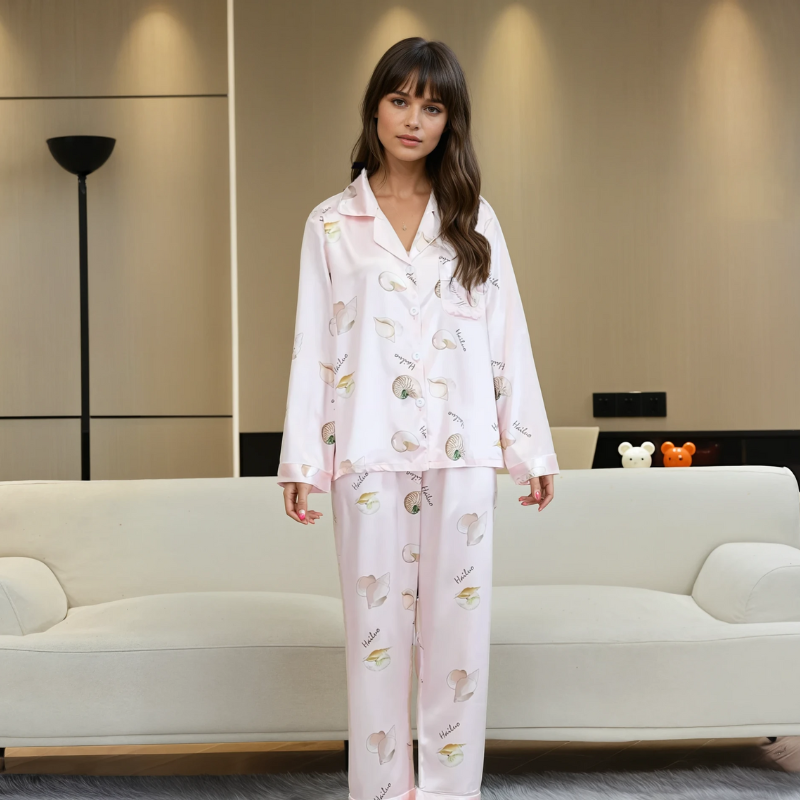 Women's Ice Silk Pajama Set – Summer Long Sleeve & Pants Loungewear in Imitation Silk