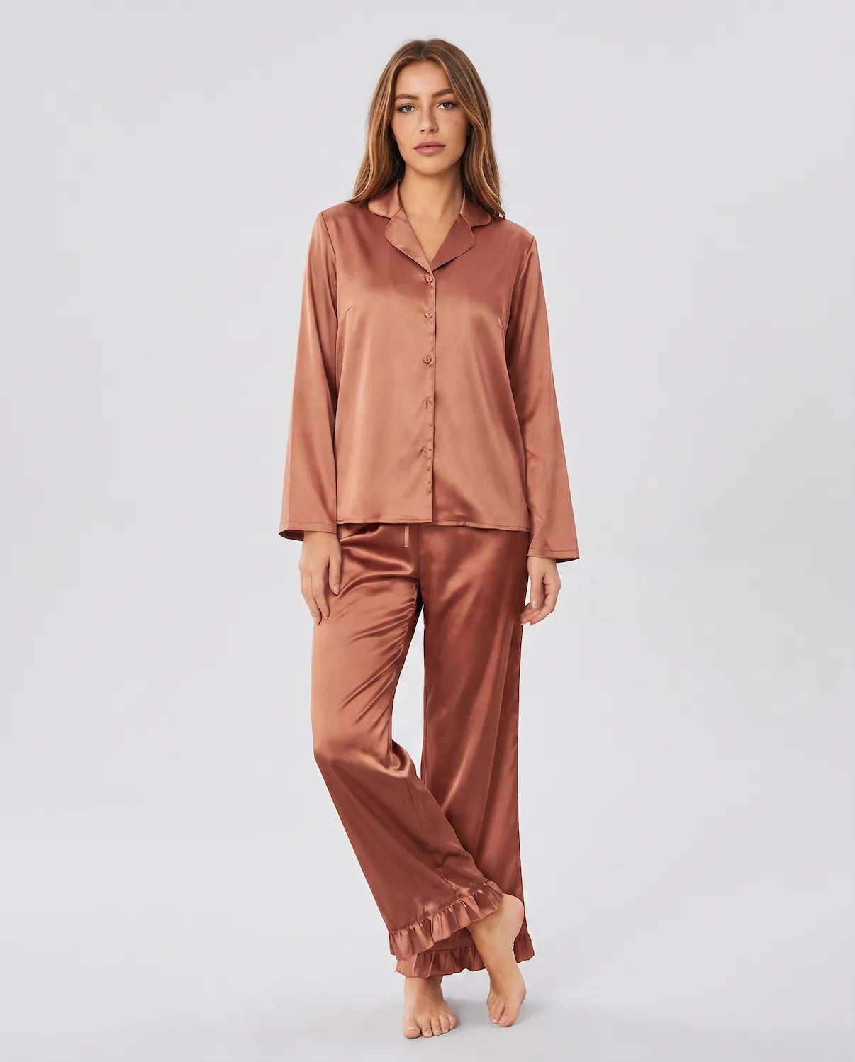 Soft Satin Pajamas Set for Women – 2-Piece Long Sleeve Sleepwear &amp; Elegant Button Loungewear
