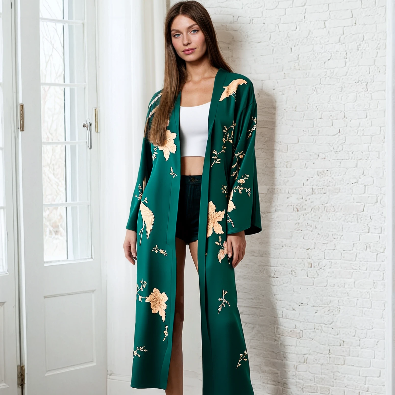 Emerald Green Floral Silk Kimono Robe – Elegant Long Sleeve Robe for Women