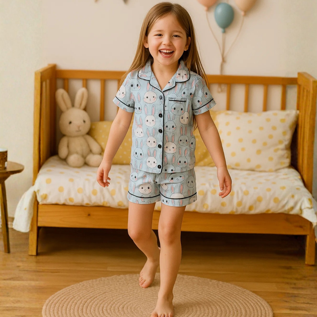 Kids’ Satin Pajama Set – Cute Bunny Print Short Sleeve Sleepwear