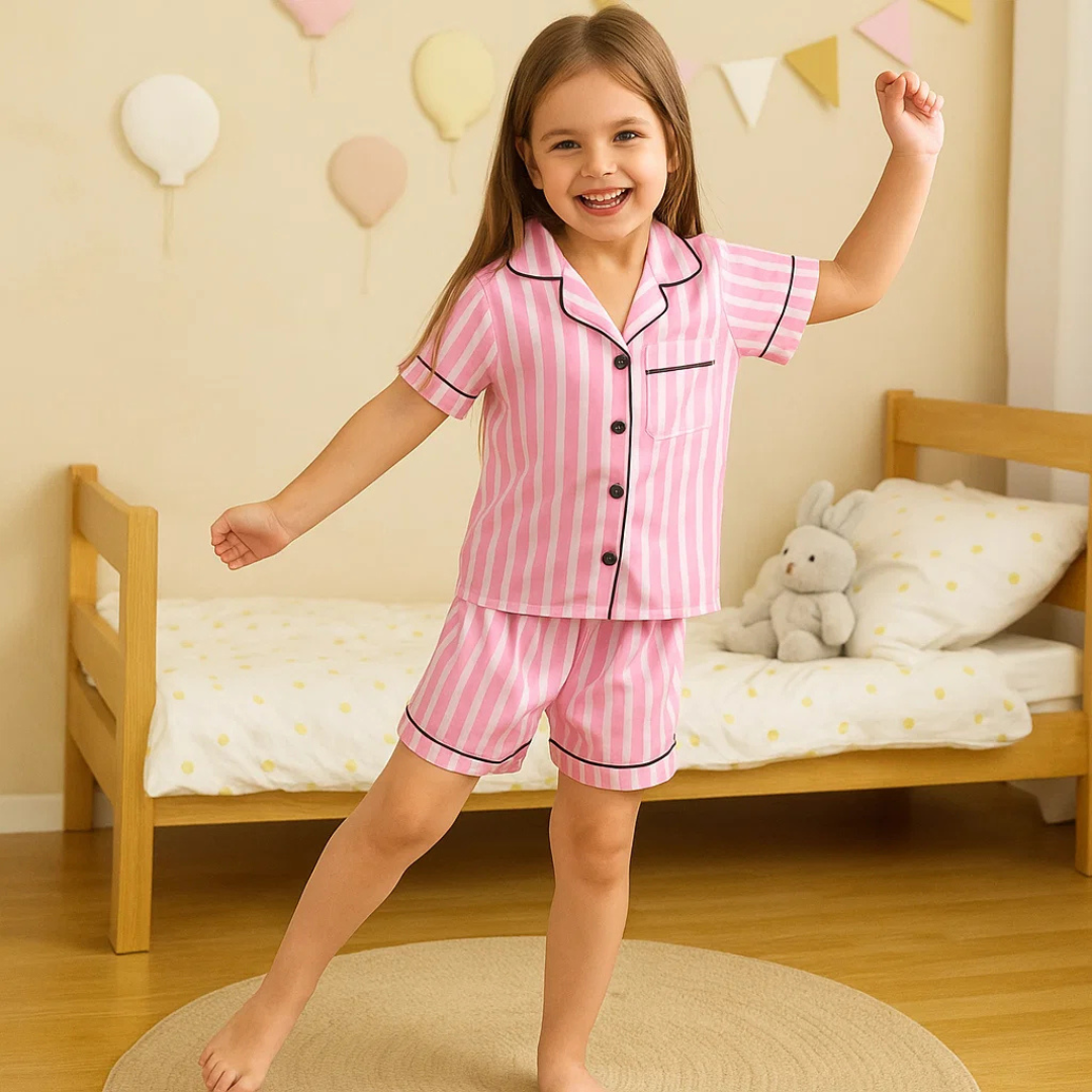 Kids’ Pink Striped Satin Pajama Set – Short Sleeve Summer Sleepwear