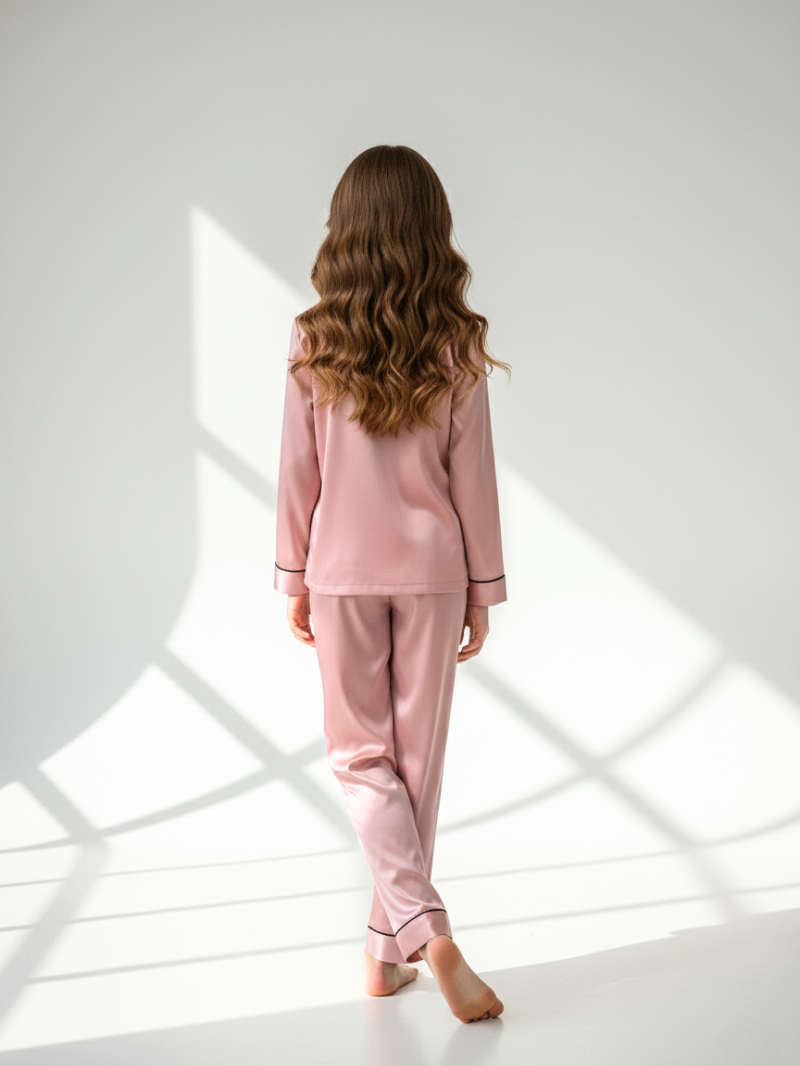 100% Mulberry Silk Kids Pajama Set – Soft Long Sleeve Nightwear with Elegant Black Trim