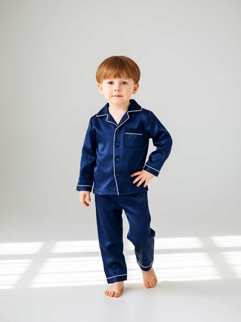 100% Mulberry Silk Kids Pajama Set – Soft Long Sleeve Nightwear with Elegant Black Trim