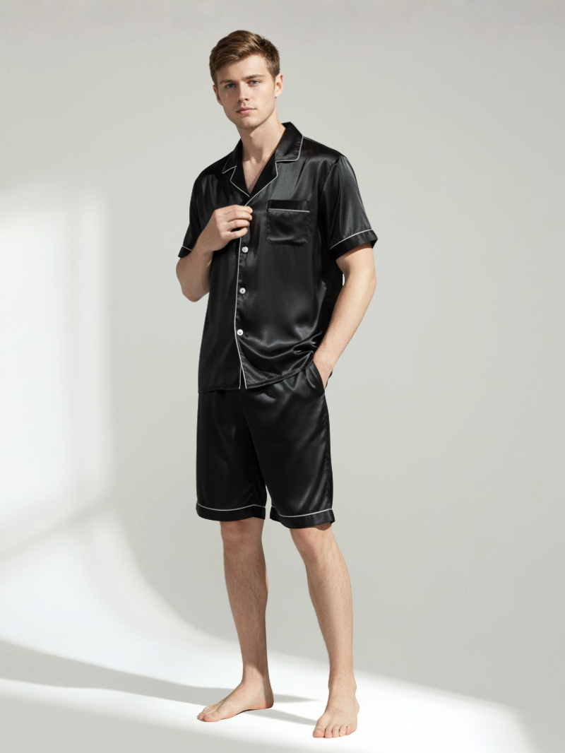 Men’s 100% Mulberry Silk Short Sleeve Set – Suit Collar Loungewear Set