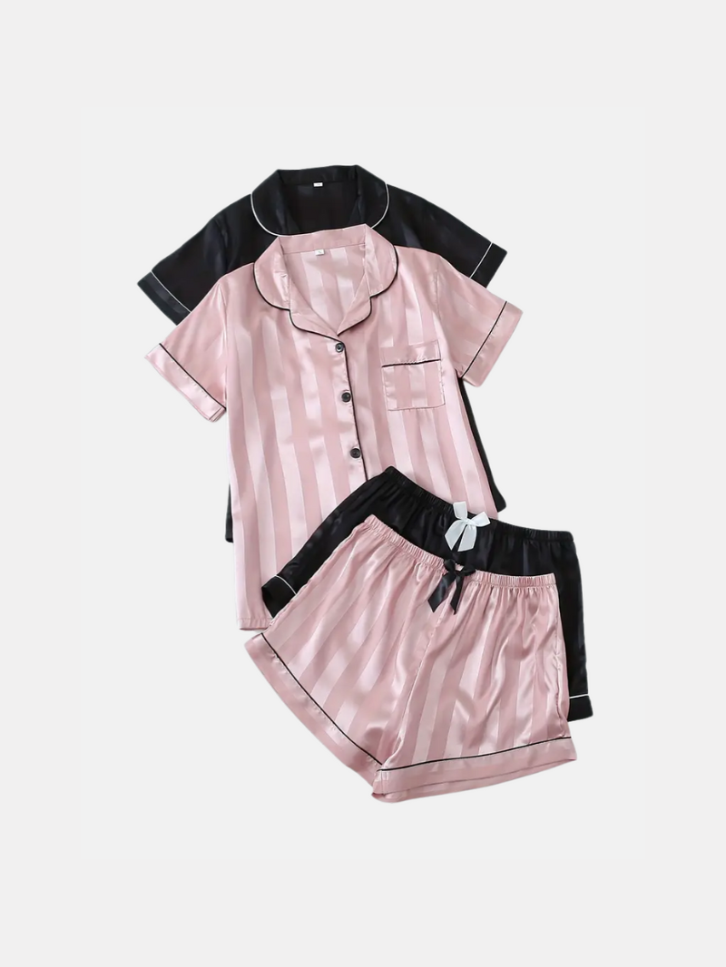 2 Sets Women's Striped Silk Casual Pajama Set Short Sleeve Top & Shorts