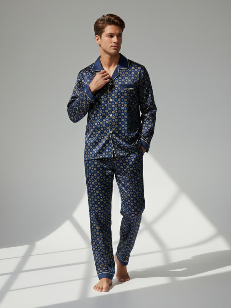 Men’s Silk-Feel Pajama Set – Lightweight Long & Short Sleeve Sleepwear for All Seasons