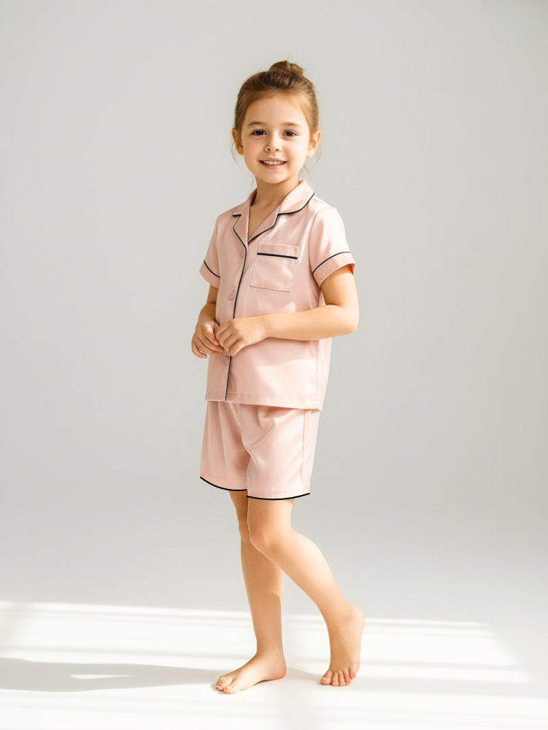 Children’s 100% Mulberry Silk Pajama Set – Short Sleeve Shirt & Shorts Sleepwear