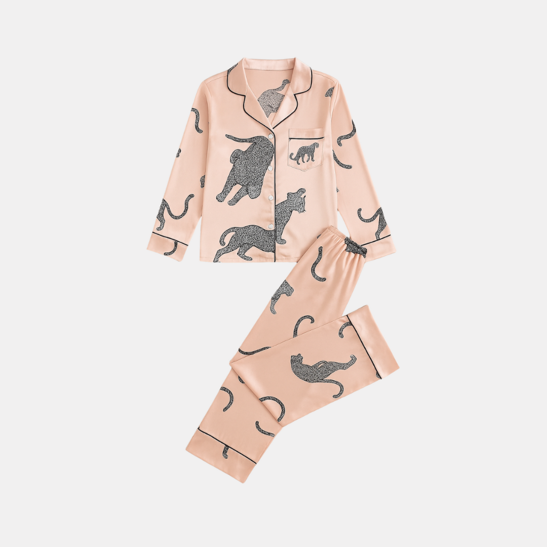 Leopard Print Satin Silk Pajama Set – Stylish, Soft Sleepwear for Women with Long Sleeve Top & Pants