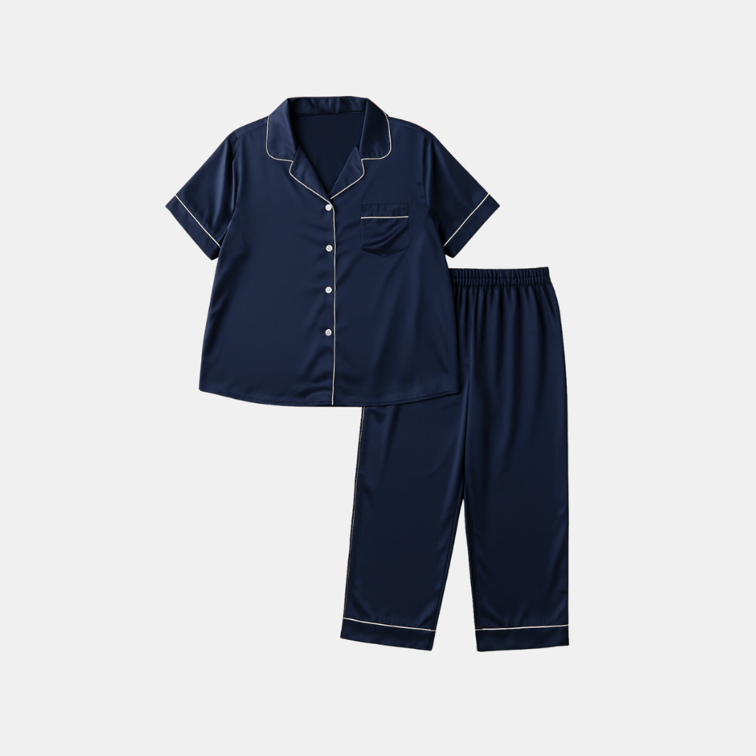 Silk Sleepwear Set for Plus Size Women – Fashionable Silk Tops and Long Pants Homewear