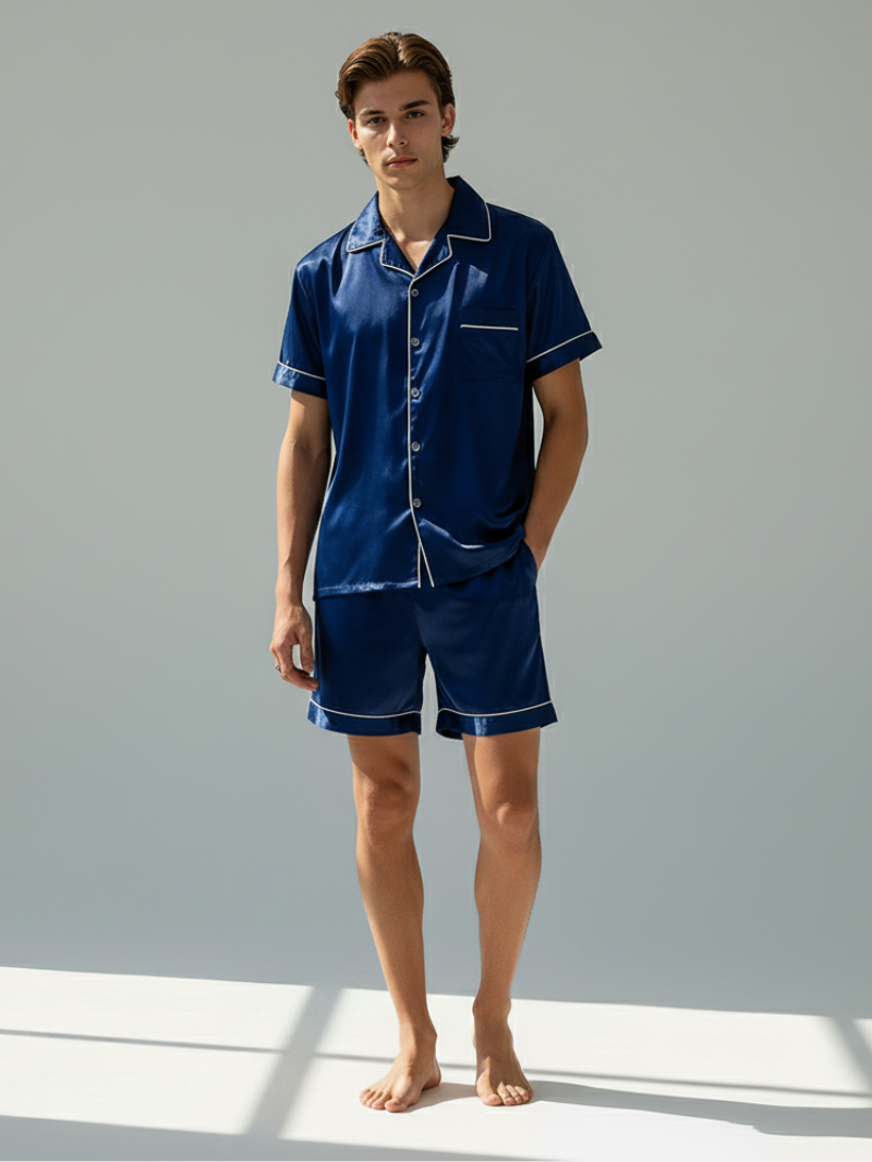 Men’s High-Grad Ice Silk Pajamas - Short-Sleeved Shorts Home Clothes Set