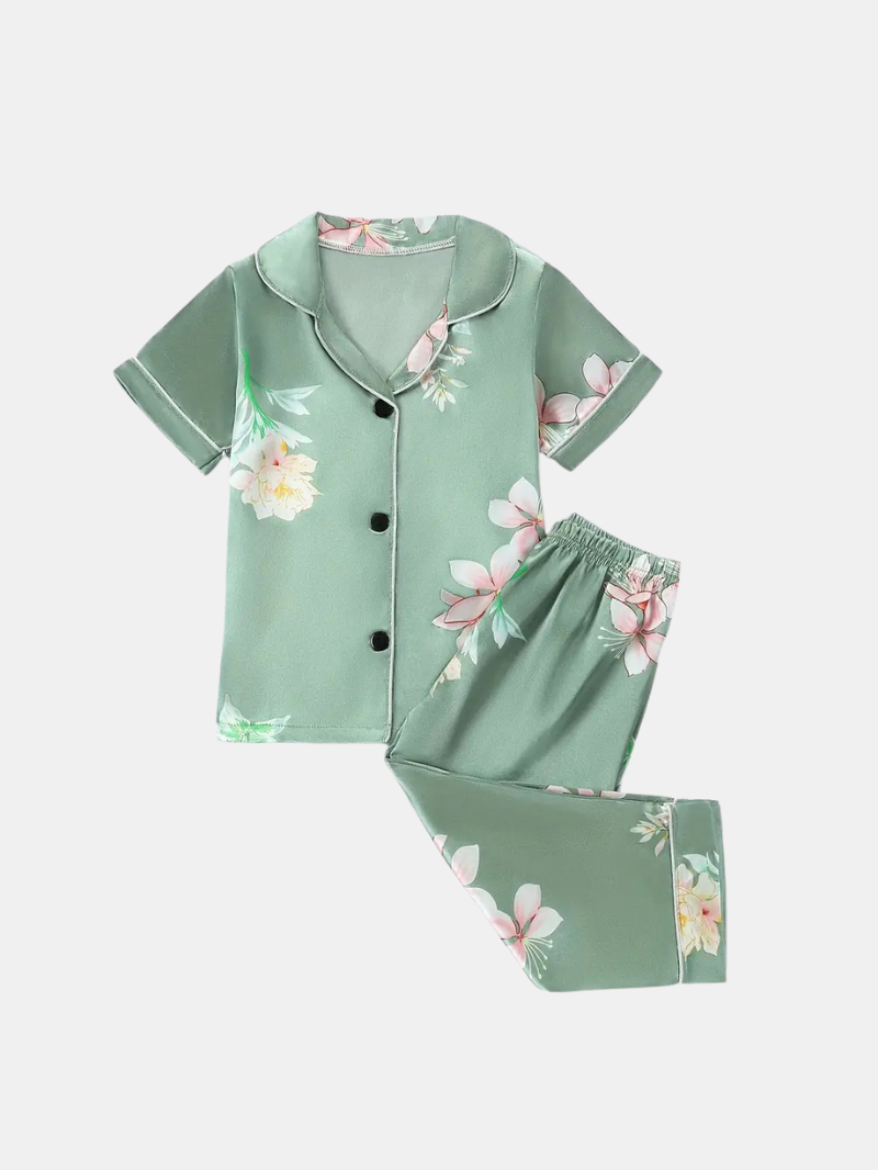 New Youngsters' Pajamas – Green Flower Print Flame Retardant Home Suit for Kids