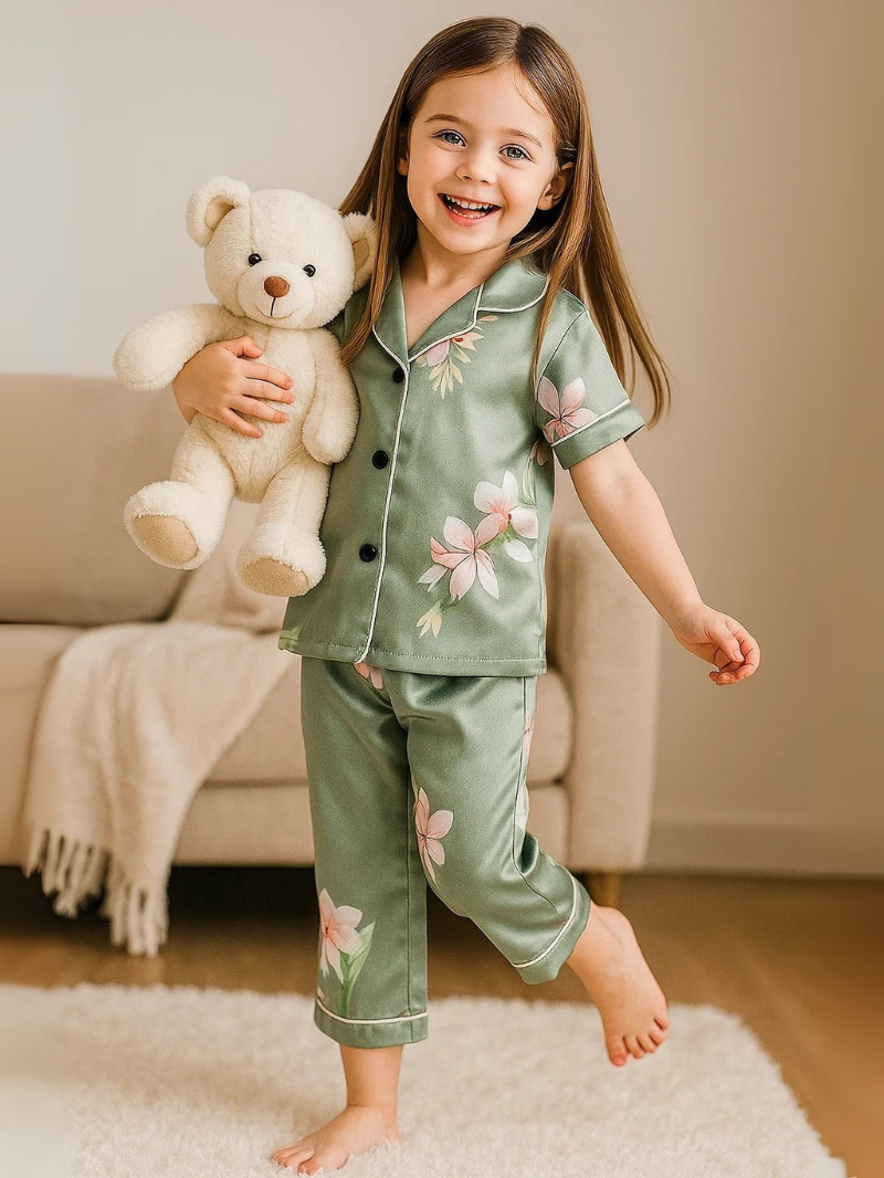 New Youngsters' Pajamas – Green Flower Print Flame Retardant Home Suit for Kids