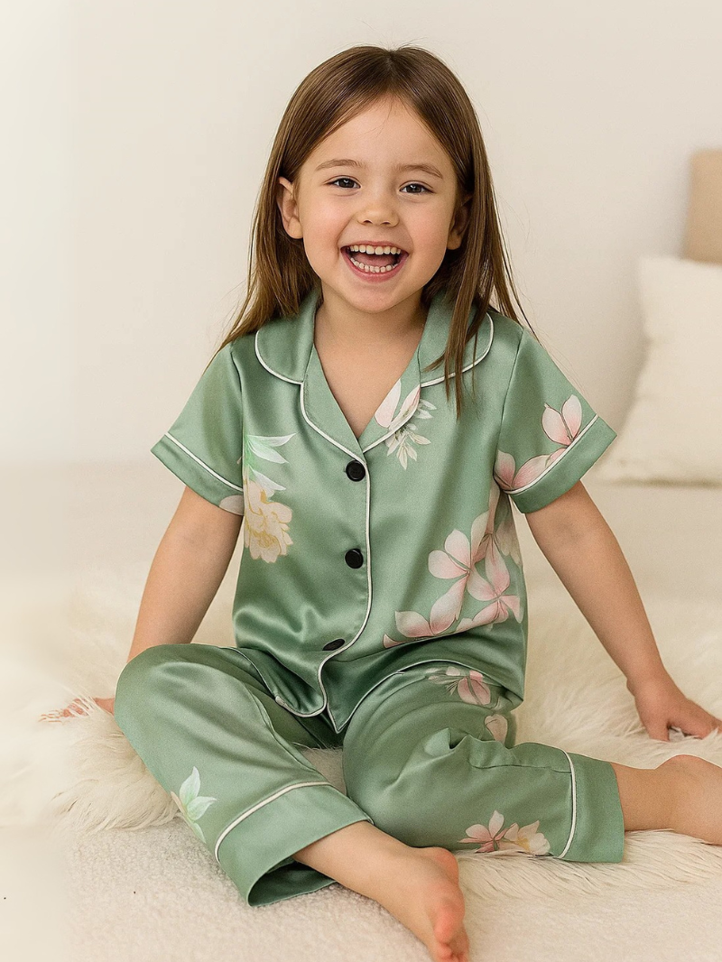 New Youngsters' Pajamas – Green Flower Print Flame Retardant Home Suit for Kids